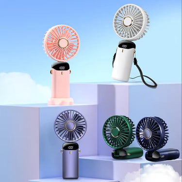 Collection de ventilateurs de poche multicolores (rose, blanc, violet, vert et bleu marine), portables et rechargeables via USB, parfaits pour une utilisation en intérieur et en extérieur.